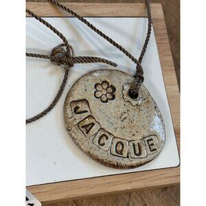 Personalized Ceramic Pendant Necklace With "Jacque" Engraving Flower Detail & Tw